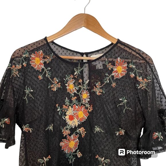 Anthropologie Maeve Embroidered Cadiz Sheer Floral Short Sleeve Top Keyhole Back - Picture 3 of 12